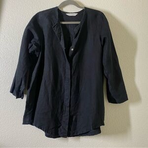 Elizabeth Suzann Snap Front 100% Linen 3/4 Sleeve Top Black